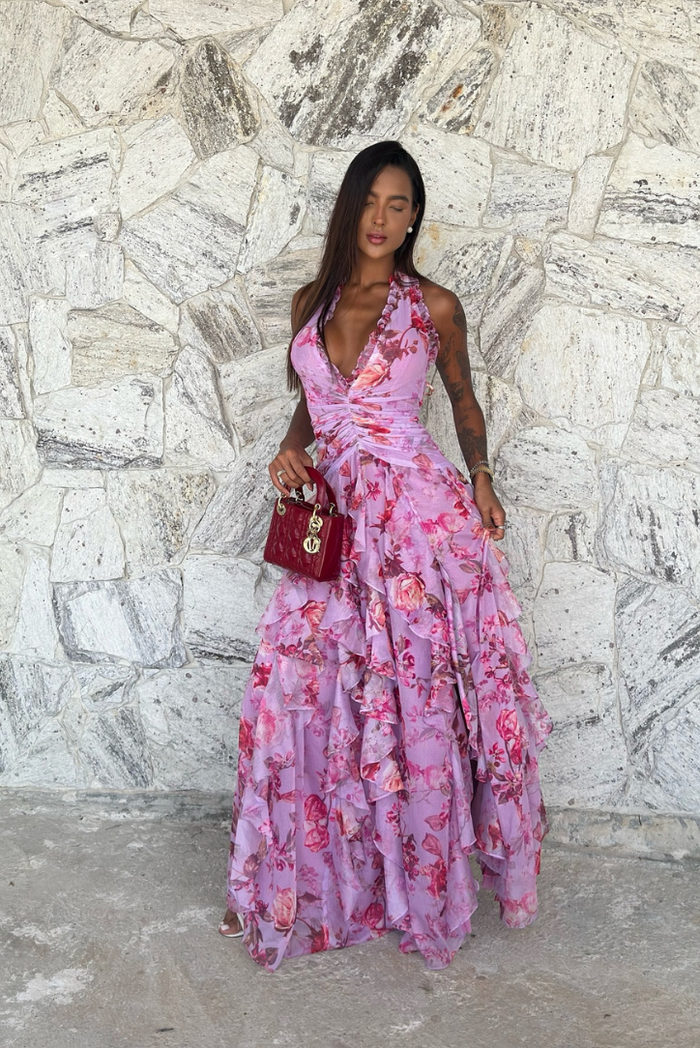 Roze maxi-jurk met ruches en bloementextuur
