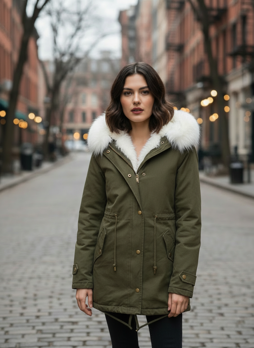 Women’s Winter Parka – Faux Fur Hood and Belted Design