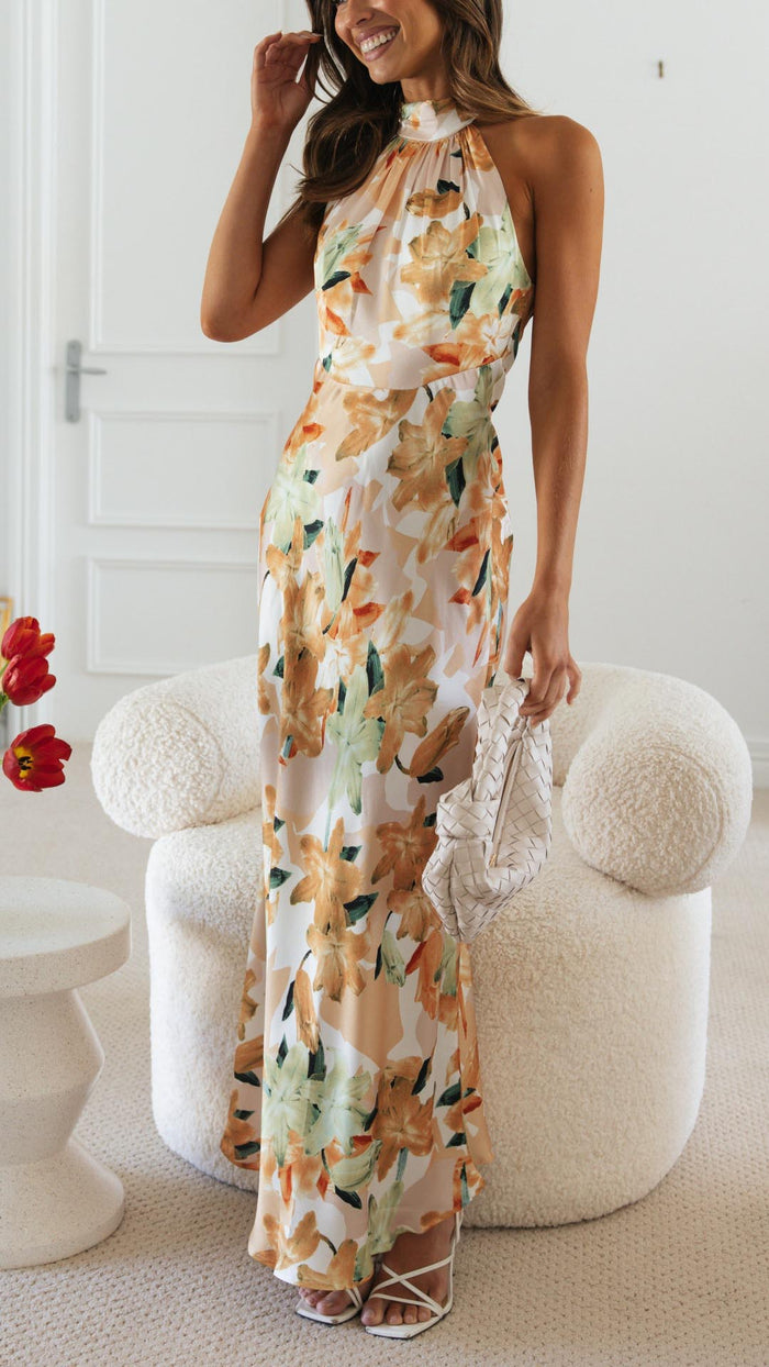 Maxi-jurk met bloemenprint, halternek en open rug
