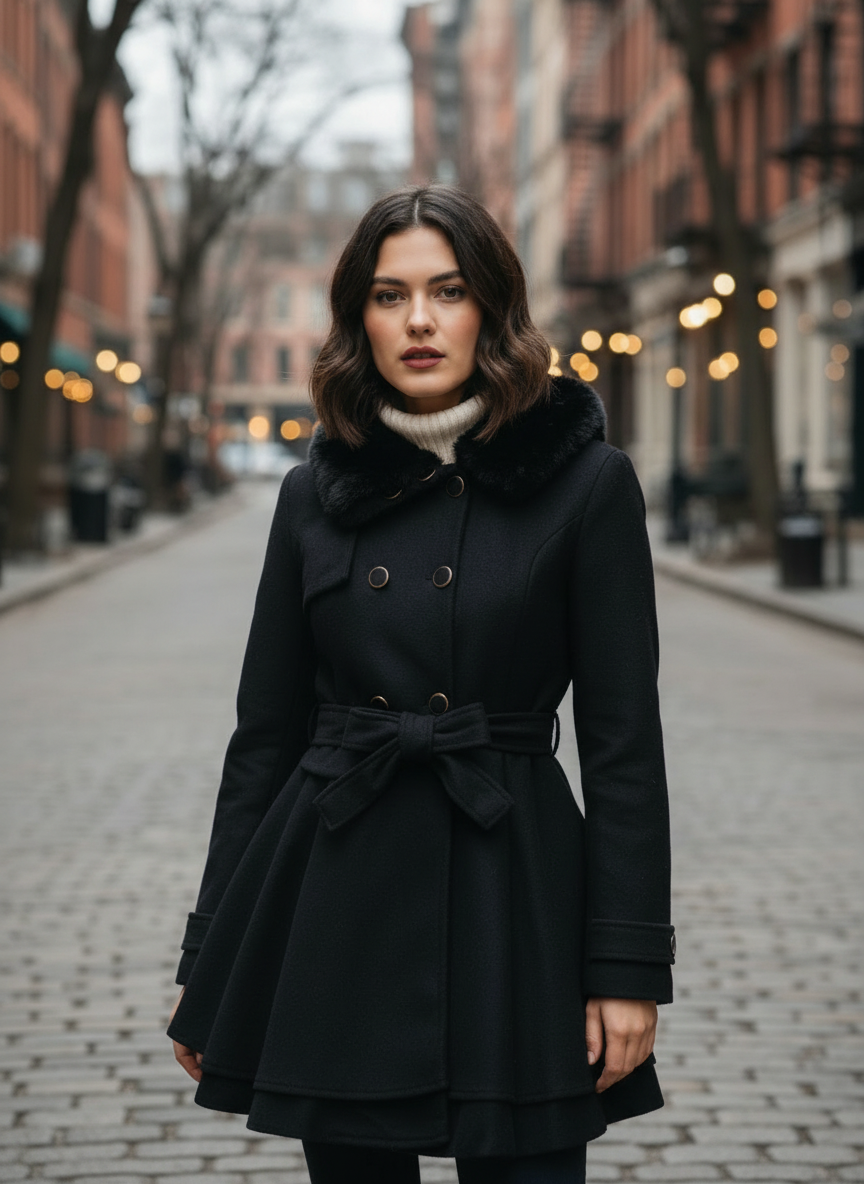 Women’s Double-Breasted Belted Winter Coat – Fur Collar Elegance