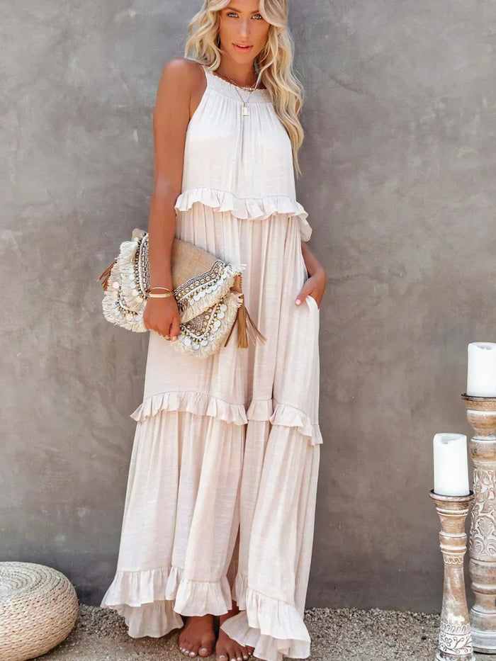 Mouwloze maxi zomerjurk met laagjes en ruches