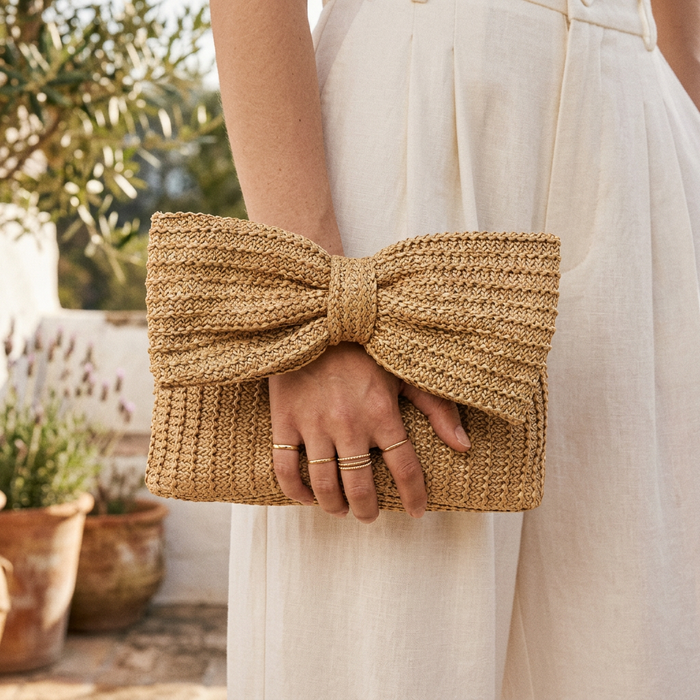 Gevlochten clutch met strikhandvat