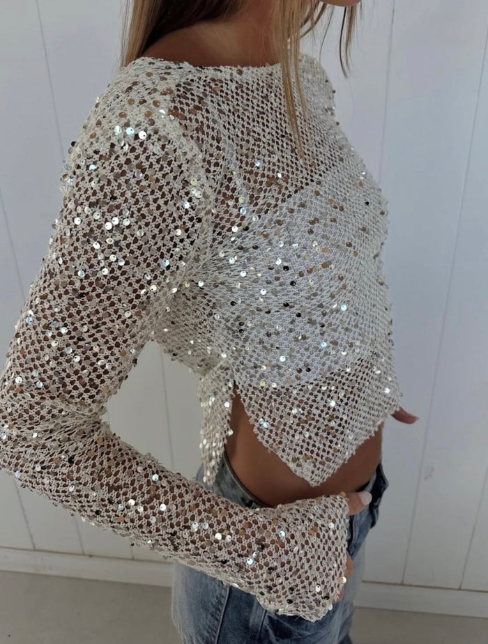 Cropped top van mesh met pailletten en open rug