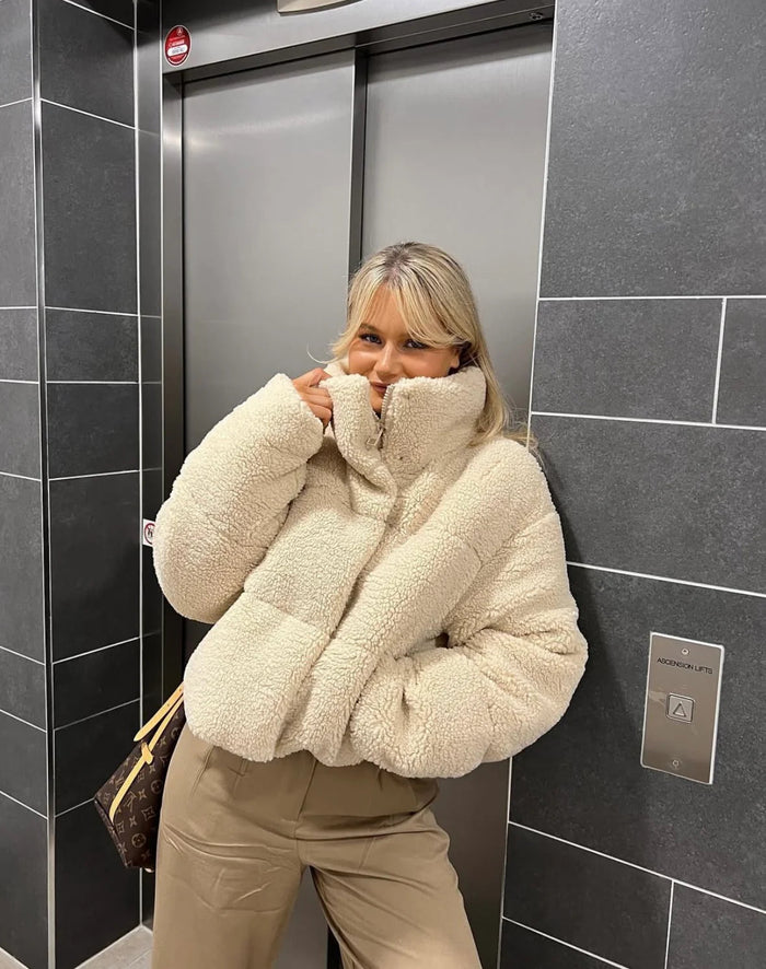 Oversized teddyfleece jas met hoge kraag