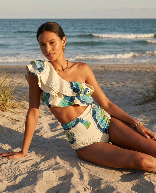 Bikiniset met one-shoulder ruche en hoge taille