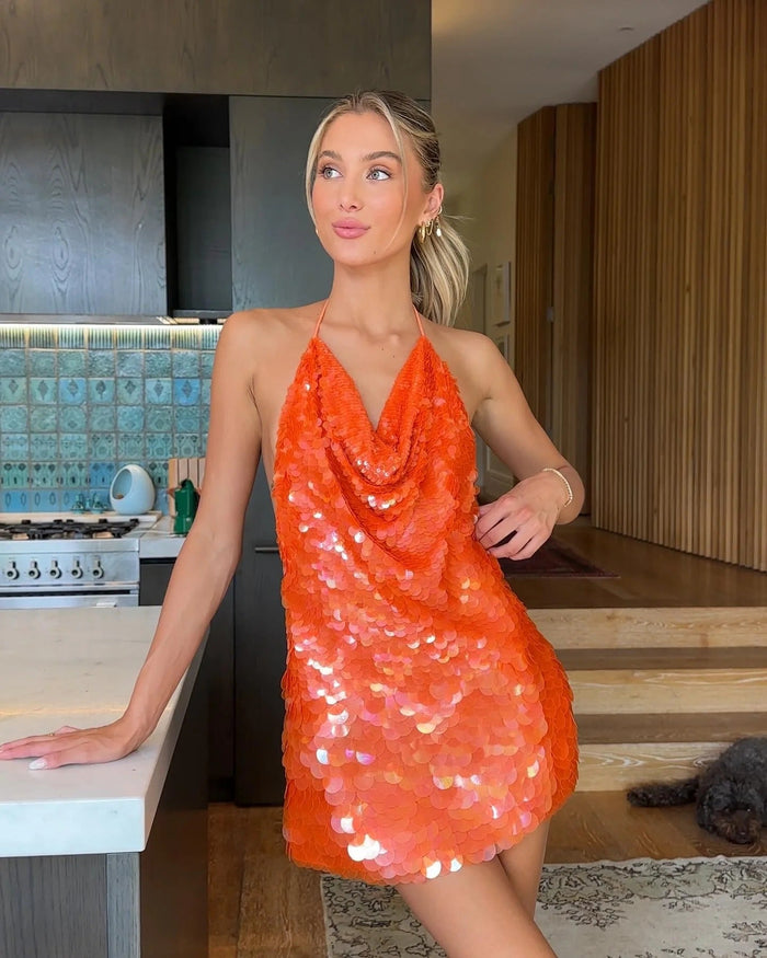 Mini-jurk met pailletten, halternek en open rug