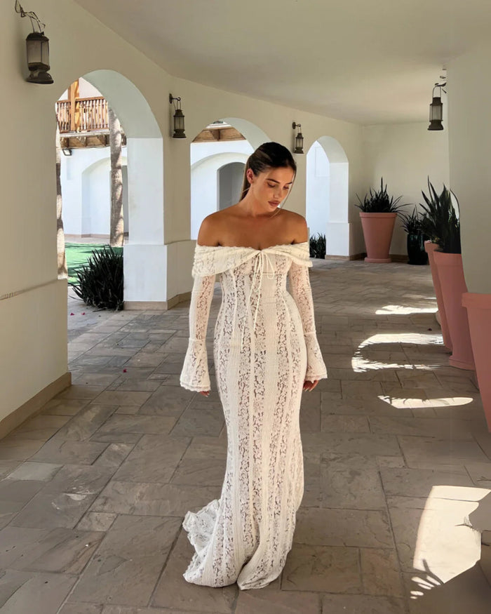 Off-shoulder kanten maxi-jurk in wit