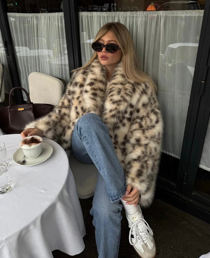 Oversized jas van imitatiebont met luipaardprint