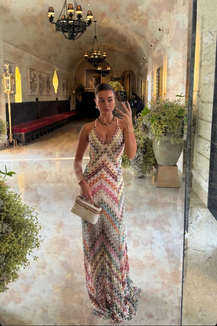 Gehaakte chevron maxi-jurk met gekruiste rug