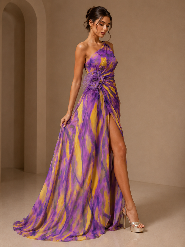 One-shoulder maxi-jurk met abstracte print