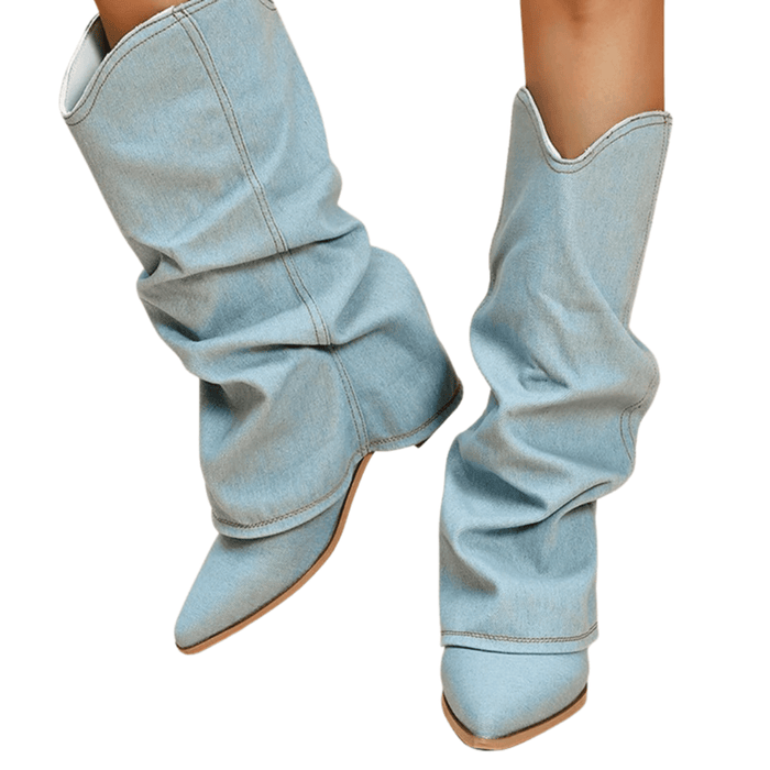 Denim laarzen voor dames in westernstijl met blokhak, enkelhoogte
