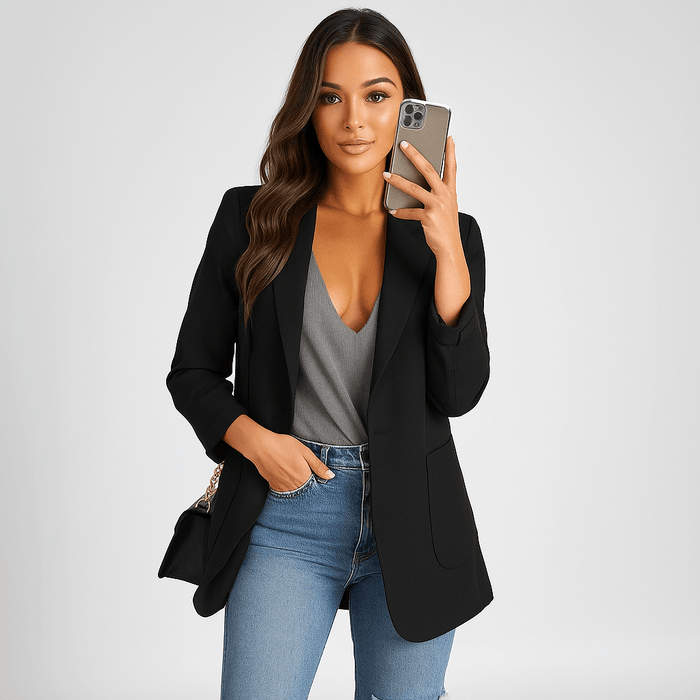 Lange damesblazer - getailleerd - open voorkant - reverskraag