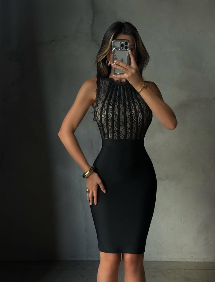 Kanten bodycon midi-jurk met hoge hals