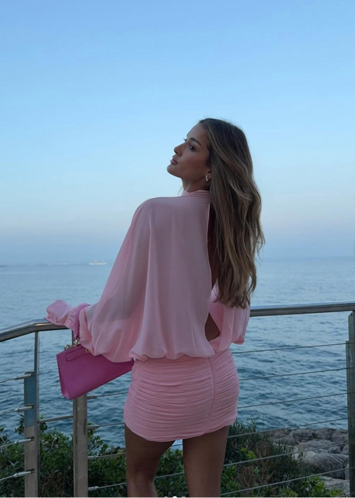 Chiffon mini-jurk met lange mouwen in roze