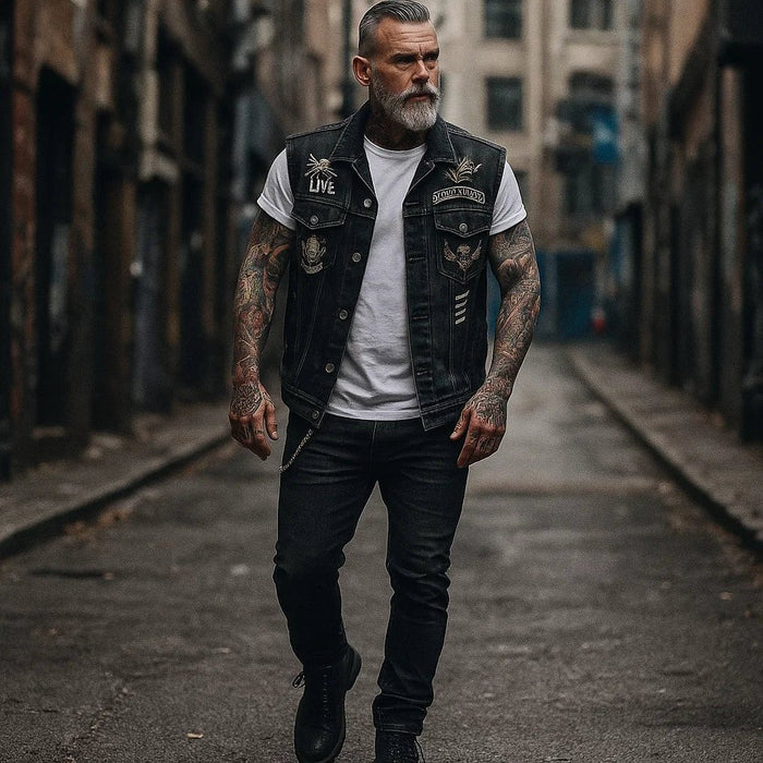 Heren motorvest | Denim, mouwloos | Zwart