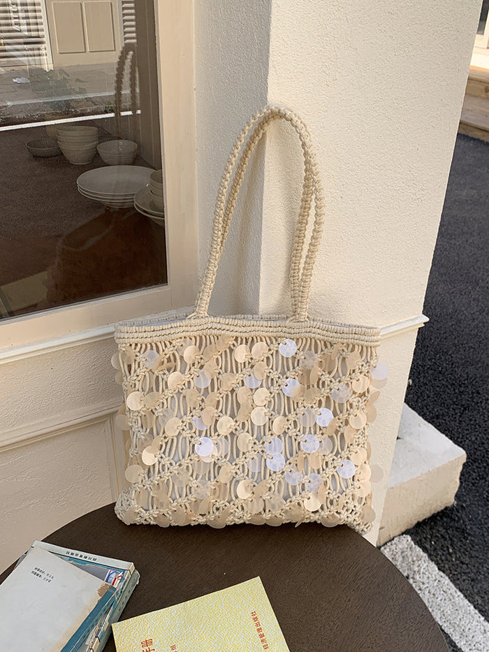 Geweven macramé shopper met pailletten