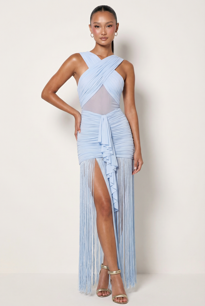 Maxi-jurk met gekruiste halter en franjes